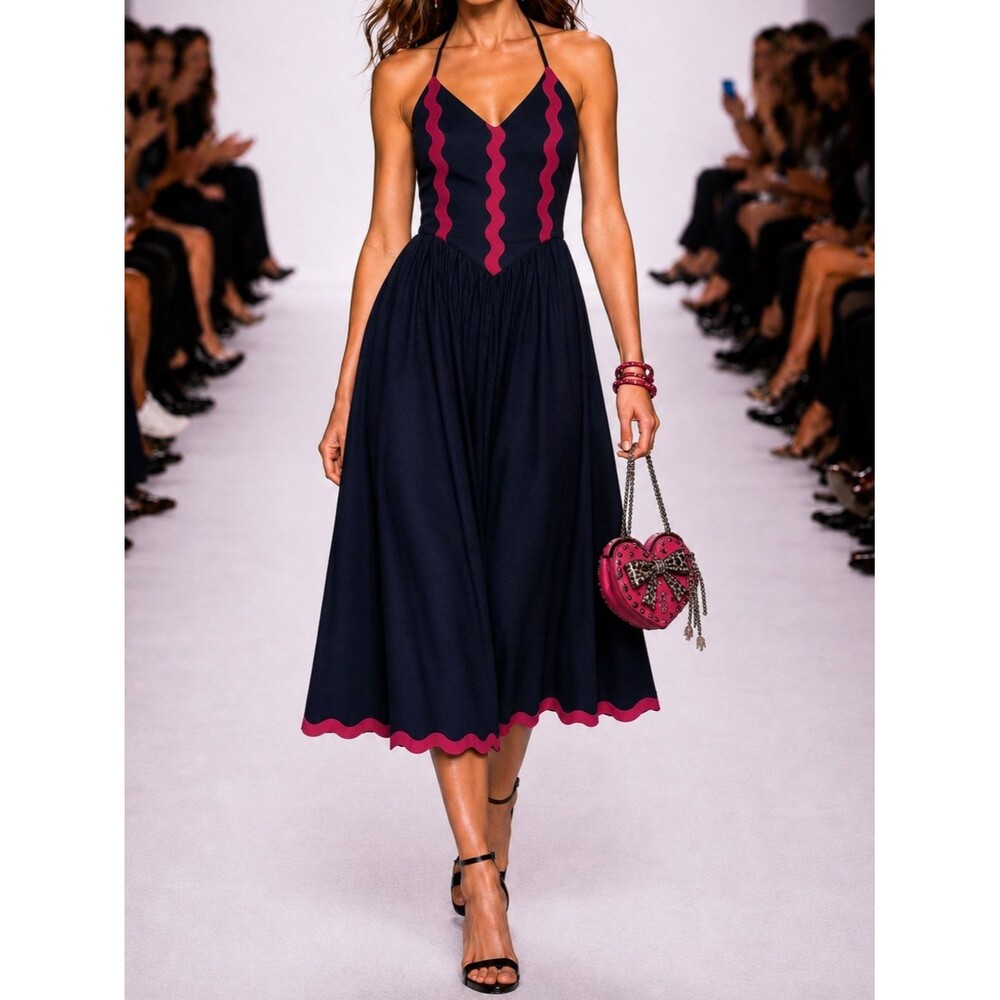Rare Vintage Betsey Johnson Linen Dress 90’s Midi Halter Navy Blue Made in USA